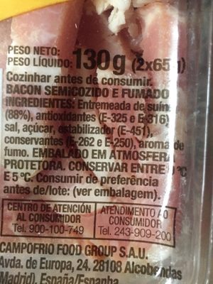 Bacon ahumado natural tiras sin gluten ingredients label