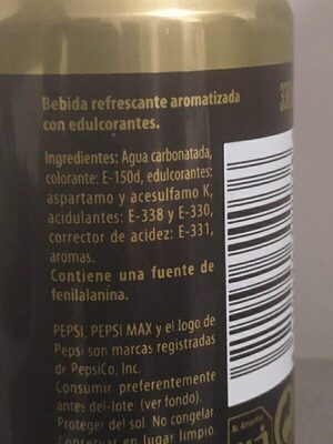 Pepsi Max Zero Cafeína ingredients label