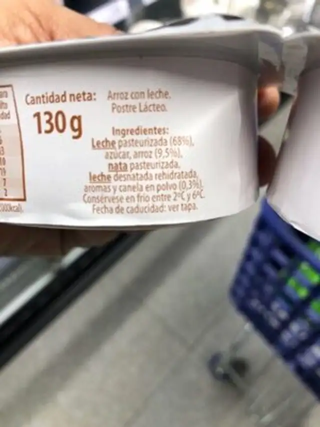 Arroz con leche ingredients label