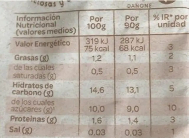 Danonino ecológico nutrition facts table