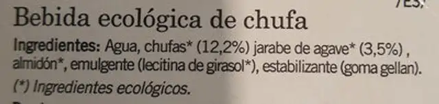 Bebida de chufa con jarabe de agave ecológica ingredients label