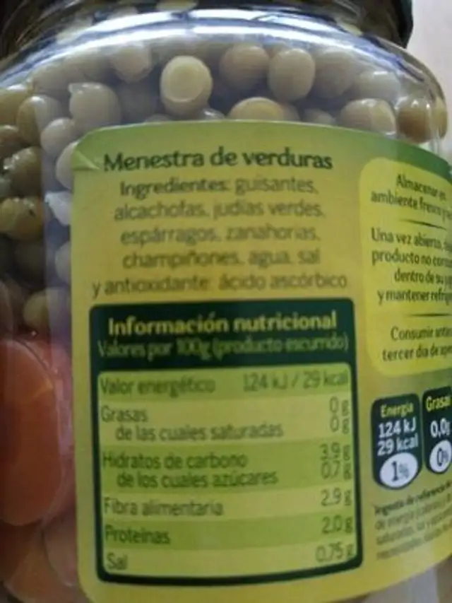 Menestra de verduras nutrition facts table
