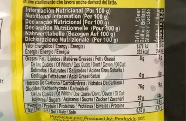 Fini Jelly Worms nutrition facts table