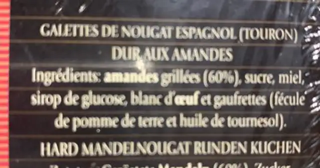 Torta turrón duro ingredients label