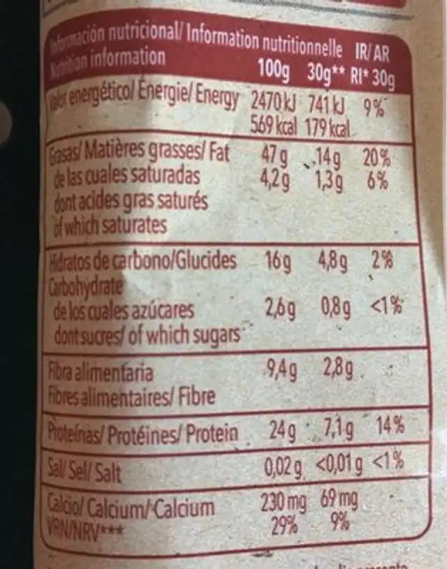 Almendras tostadas nutrition facts table