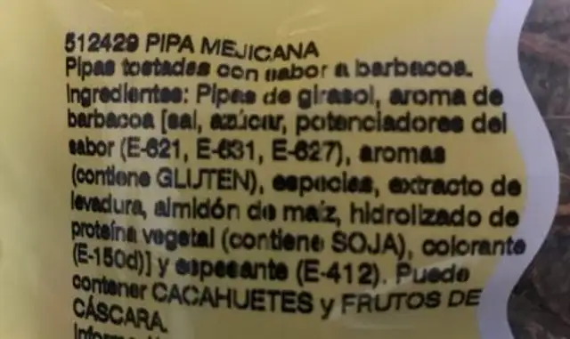 Frutos secos ingredients label