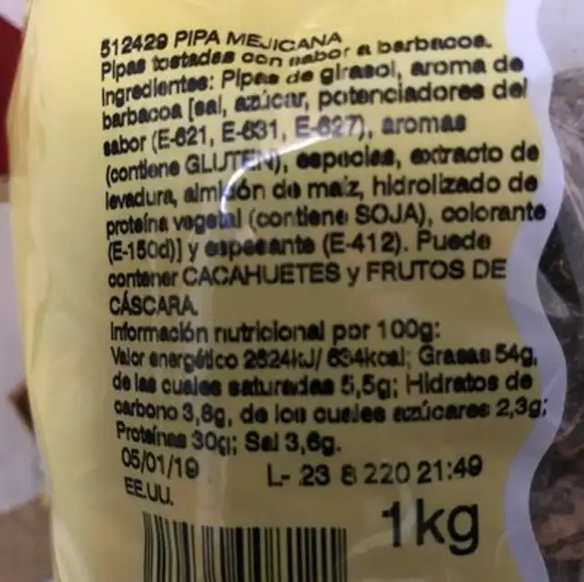 Frutos secos nutrition facts table