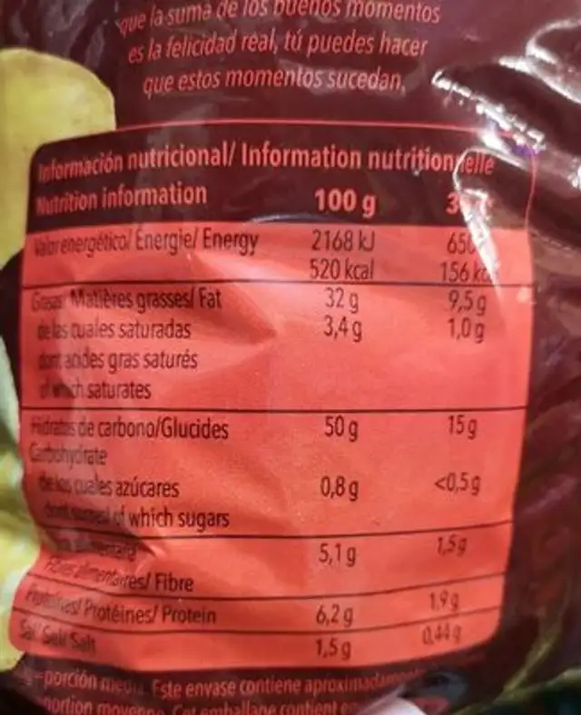 Chips Chilli 135 G. nutrition facts table