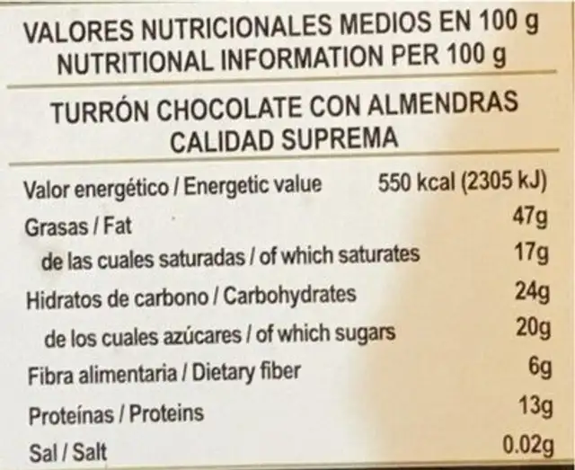 Turrón de chocolate con almendras nutrition facts table