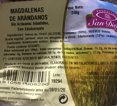 Magdalenas de arándanos sin azúcares añadidos, nutrition facts table