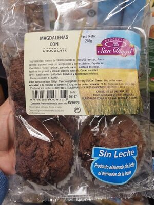 Magdalenas con chocolate sin leche ni derivados nutrition facts table