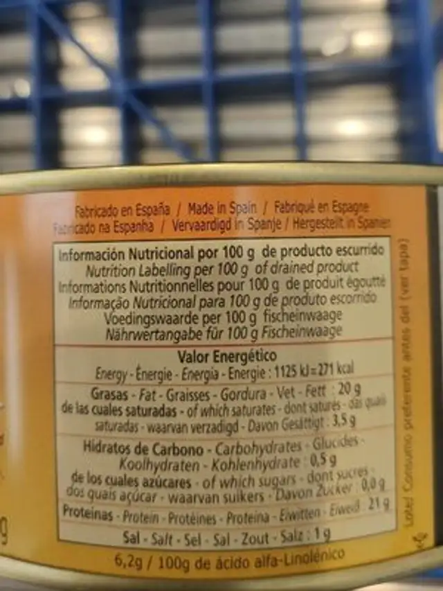 Atún en aceite de girasol nutrition facts table