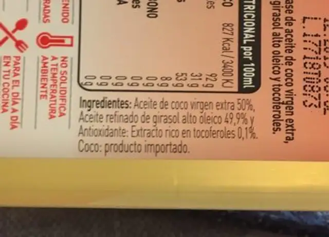 Huile de coco vierge extra ingredients label