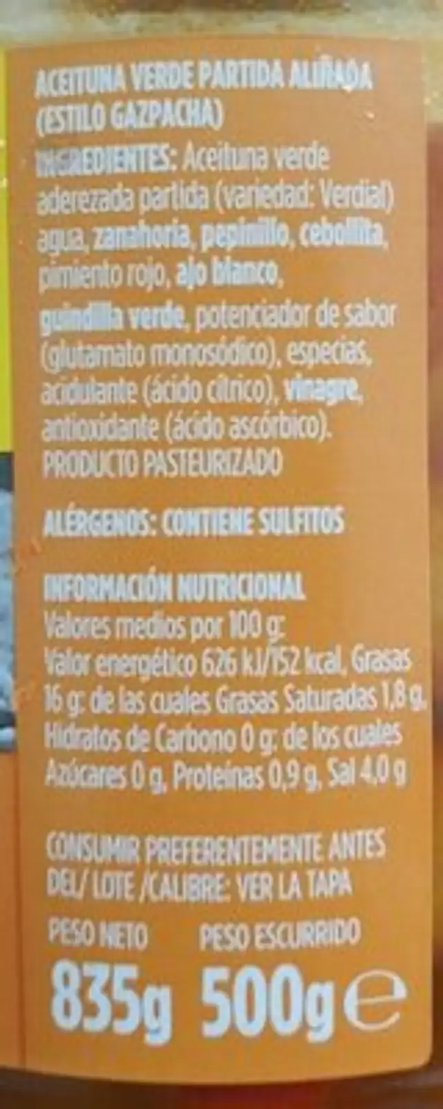 Aceituna verde verdial partida gazpacha nutrition facts table
