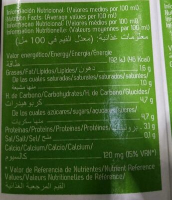 Leche nutrition facts table