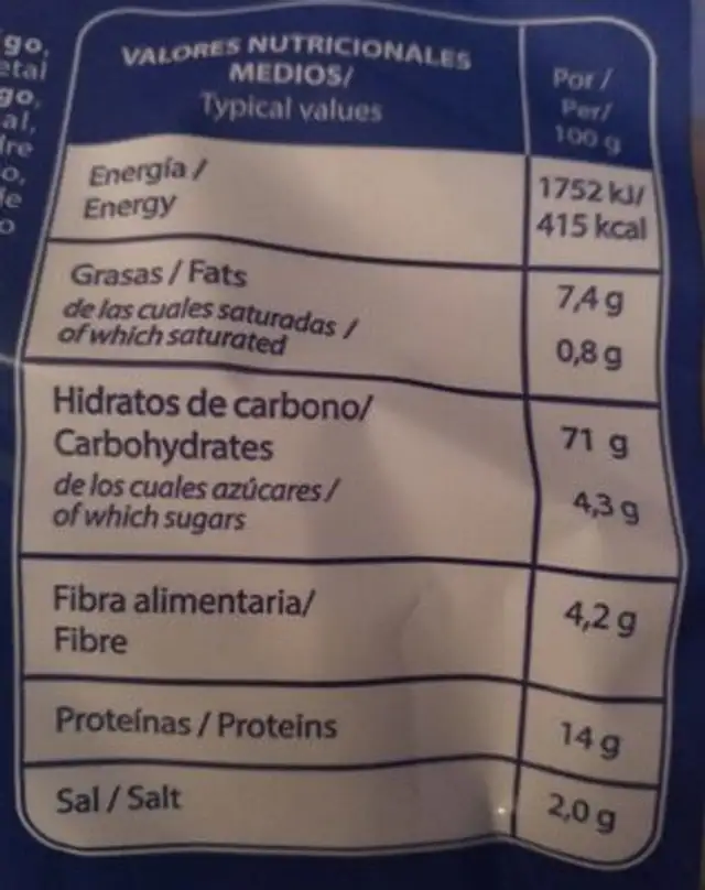 Picoteos nutrition facts table