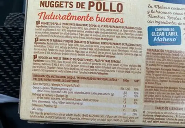 Nuggets de pollo nutrition facts table
