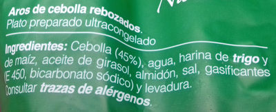 Aros de cebolla rebozados ingredients label