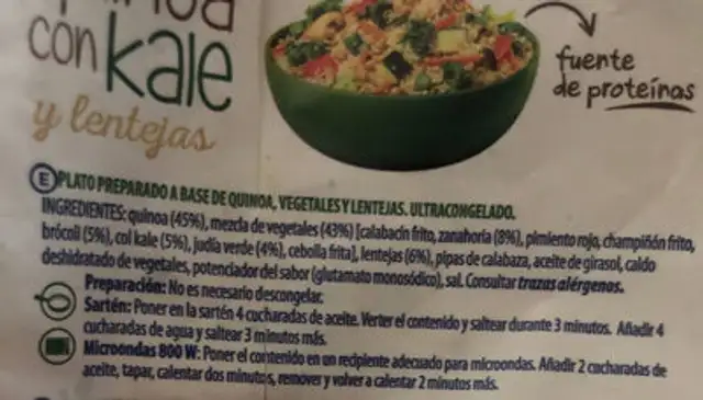 Quinoa con kale y lentejas ingredients label