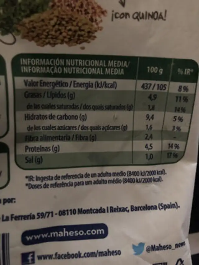 Quinoa con kale y lentejas nutrition facts table