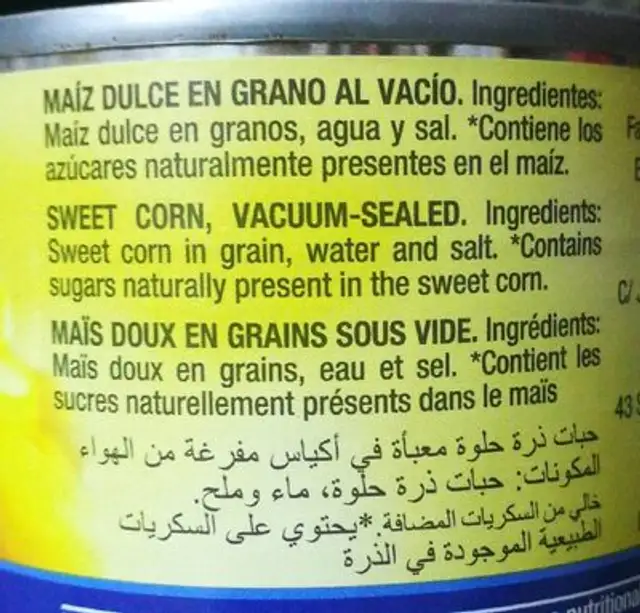 Maíz dulce nutrition facts table
