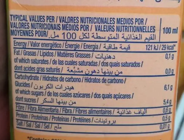 Zumo Disfruta néctar Albaricoque nutrition facts table