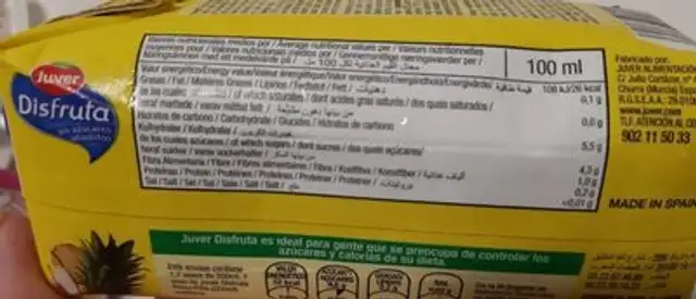 Zumo Disfruta Juver nutrition facts table