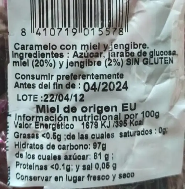 Caramelo Miel Jengibre nutrition facts table