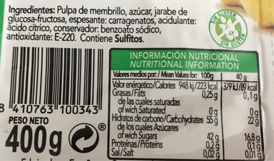 Dulce de membrillo nutrition facts table