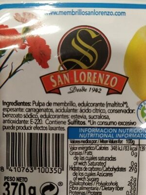 Dulce de membrillo ingredients label