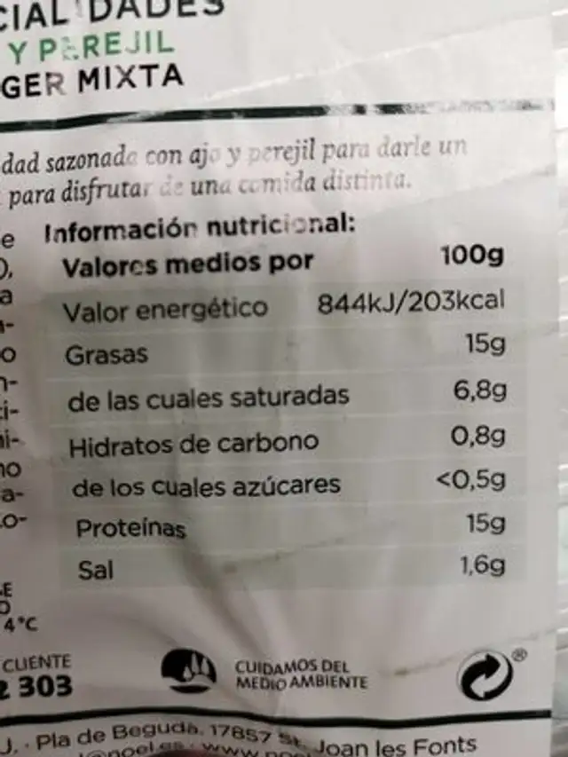 Especialidades Ajo y Perejil nutrition facts table