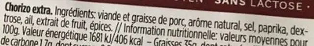 Chorizo Extra ingredients label