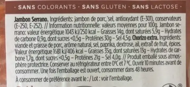 45G Tapas JB Serran+chorizo ingredients label