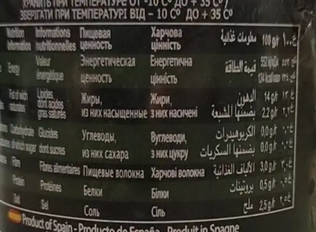 Olives noires dénoyautées nutrition facts table
