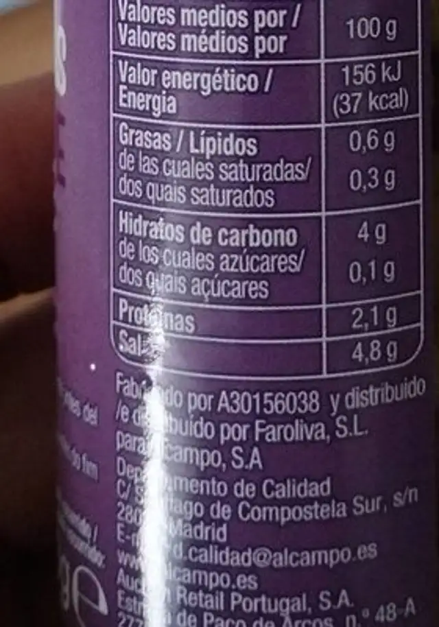 Alcaparras nutrition facts table