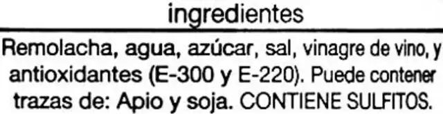 Remolacha roja en tiras ingredients label