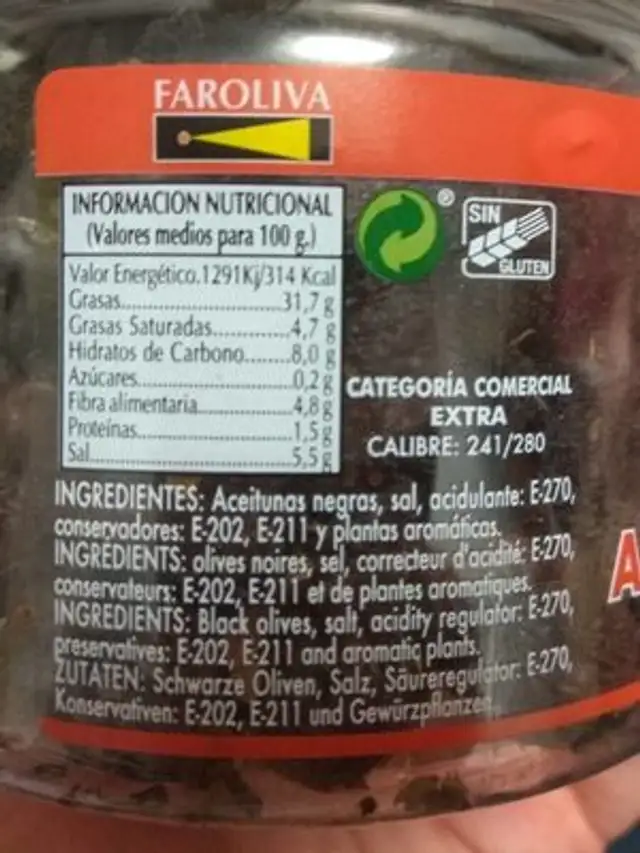 Aceitunas negras naturales nutrition facts table