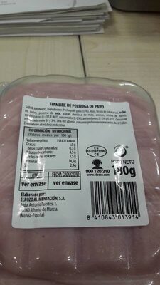Pechuga de pavo. Lonchas finas. ingredients label