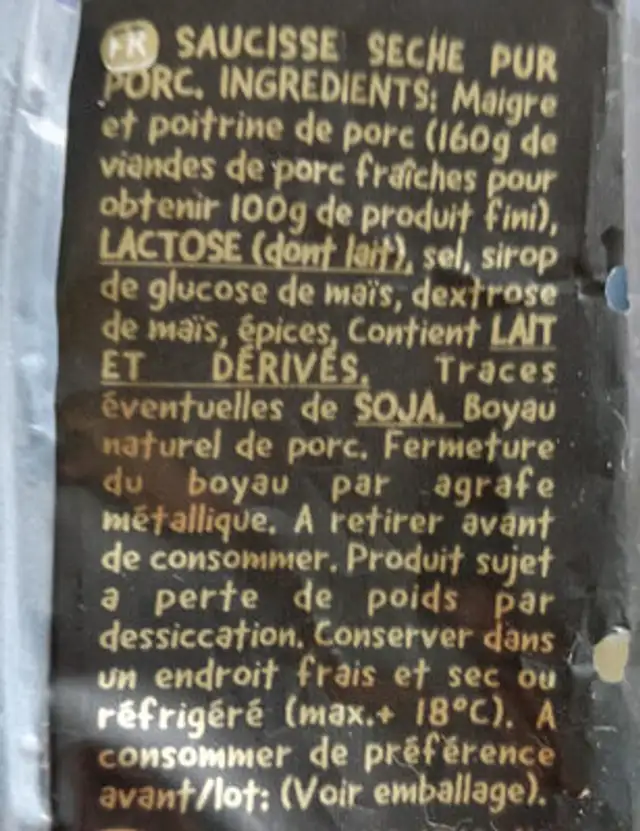 Salami Fuetec ingredients label