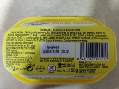 Crema de pechuga de pavo cocida ingredients label