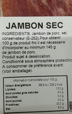 Jambon sec ingredients label