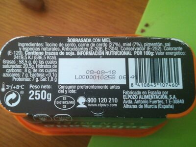 Sobrassada con miel ingredients label