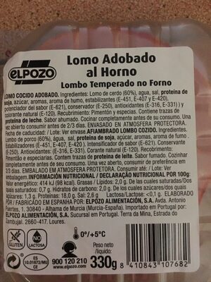 Lomo adobado al horno ingredients label