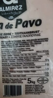 Fiambre de pechuga de pavo nutrition facts table