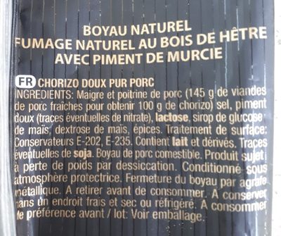 Chorizo ingredients label