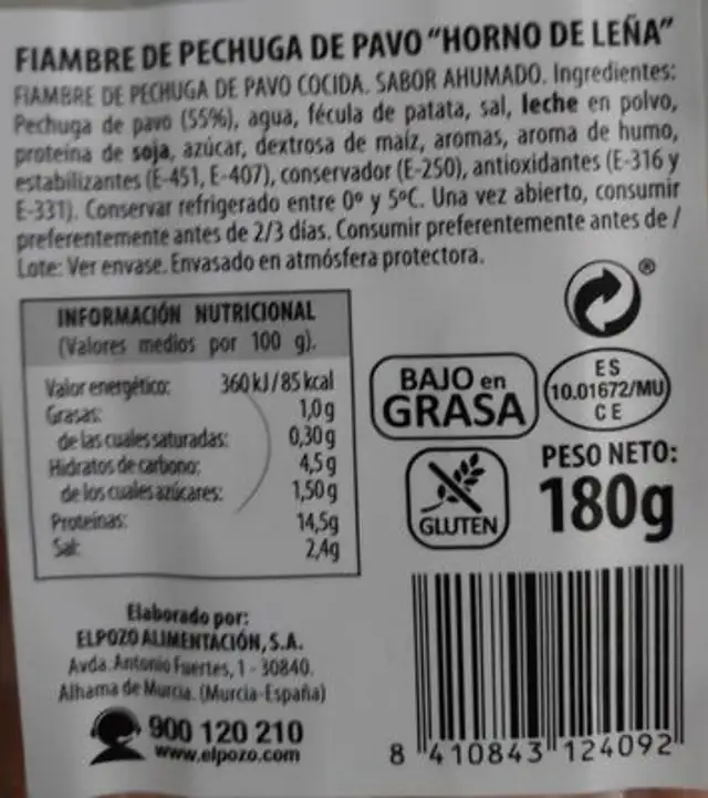 Pechuga de pavo lonchas finas estilo horno de leña nutrition facts table