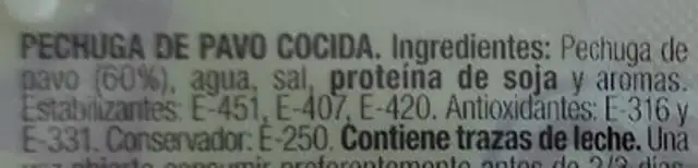 Pechuga de pavo ingredients label