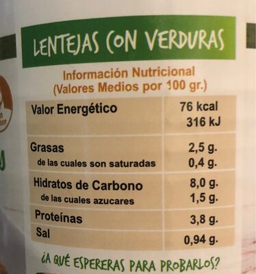 Lentils with Vegetables nutrition facts table