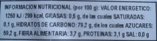 Pasas Yumbo sin semillas nutrition facts table