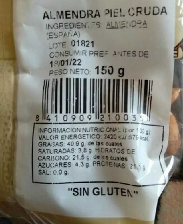 Almendras nutrition facts table